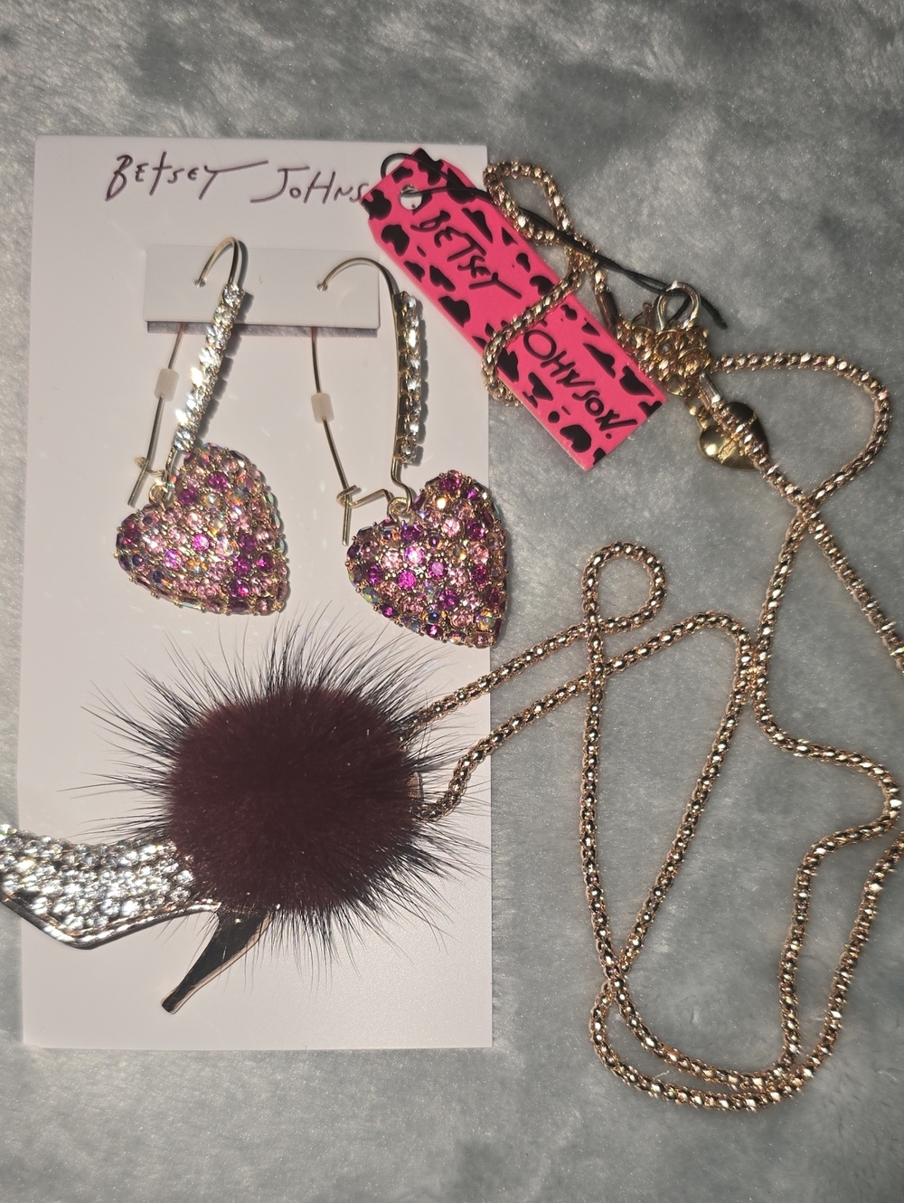 Betsey Johnson Pink Crystal Heart Earrings with Burgundy Fur Pump Necklace